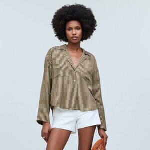 Madewell Olive Striped Resort Long-Sleeve Shirt Size M EUC